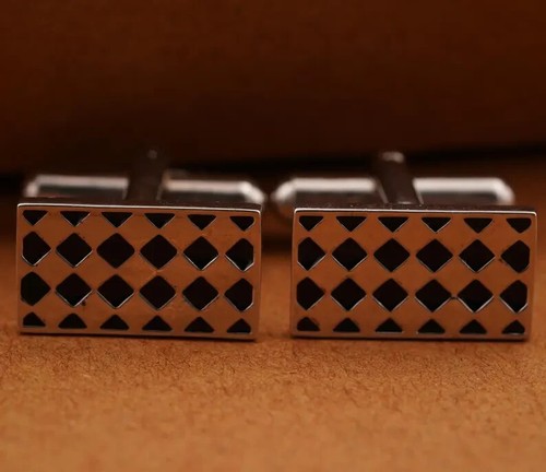 Checkerboard Design Suit Cufflinks Silver 14k White Gold Plated Black Enamel - Picture 5 of 6