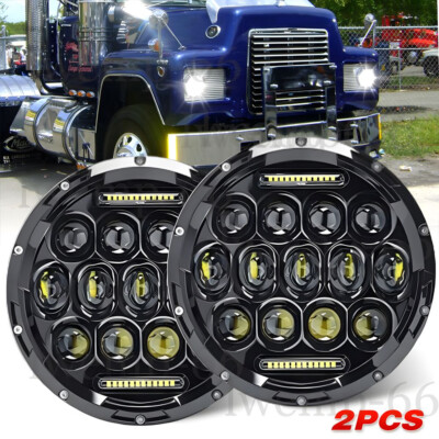 Pair 7inch 105W Round LED Headlights Halo DRL Hi/Lo Turn Signal for Mack R Truck