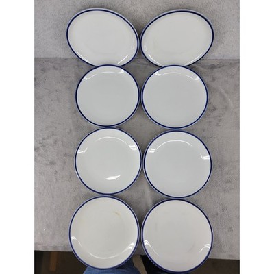 Set of 8 White Round 6.5''Dessert Plates With Blue Rim Kitchen Dining
