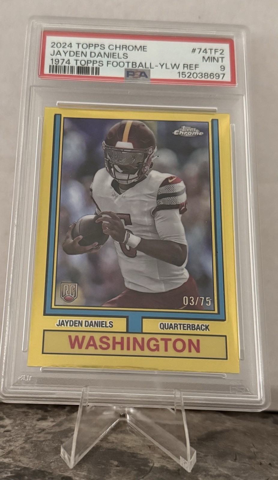 Topps 2024 Chrome Jayden Daniels Commanders #74TF-2 Yellow /75 RC PSA 9