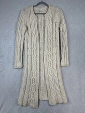 Garnet Hill Long Wool Cardigan Sweater Womens M Ivory Chunky Cable Knit Duster