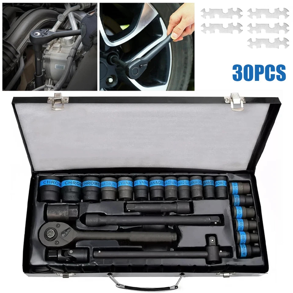 30pcs 1/2" Drive Impact Socket Set Metric 8-32mm Heavy Duty Ratchet Wrench Black