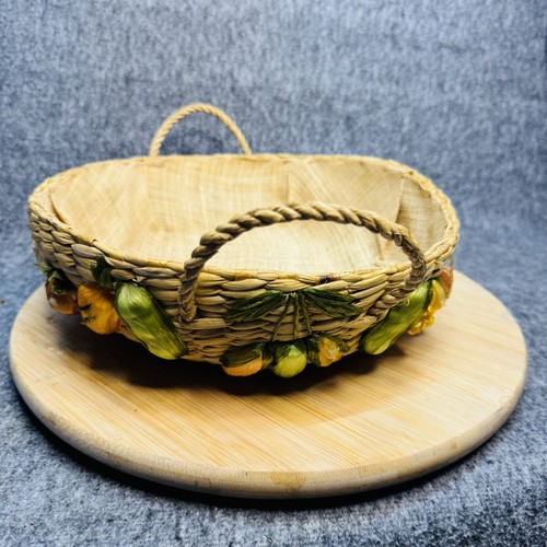 Vintage Woven Straw Basket Handles Veggie Accents Rustic Farmhouse Decor 12in Wi - Picture 2 of 10