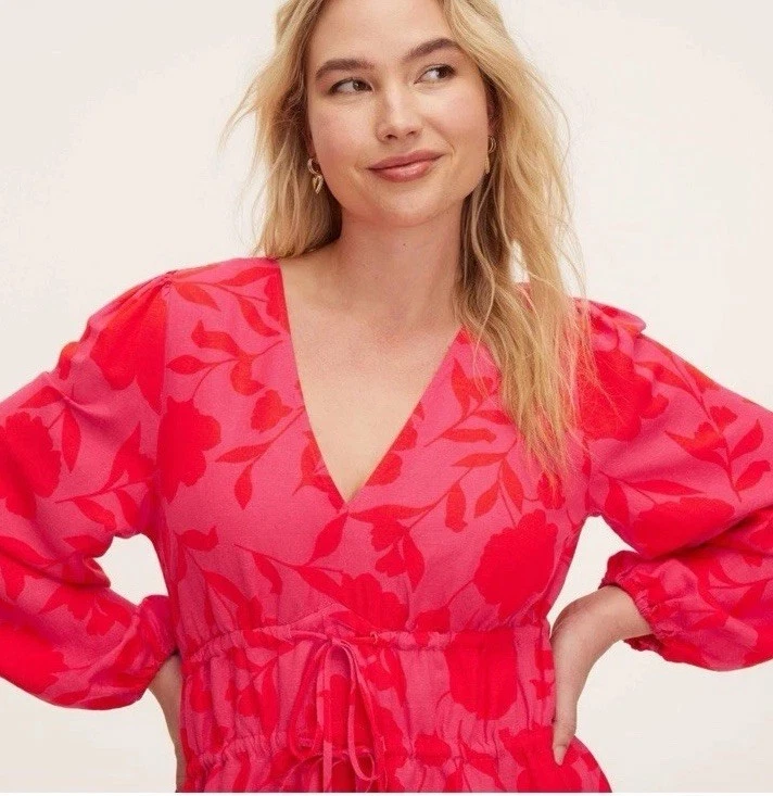 Maxi abito donna Kate Spade nuovo rosa caldo floreale misto lino manica lunga TG XL