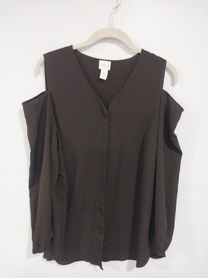 Chicos Button Up Blouse Sz 2 Cold Shoulder Brown Long Sleeve Lightweight 