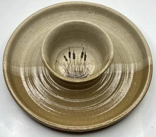 Vintage Glazed Stoneware Pottery Chip Veggie Dip Tray Dish Bowl Brown Art Craft