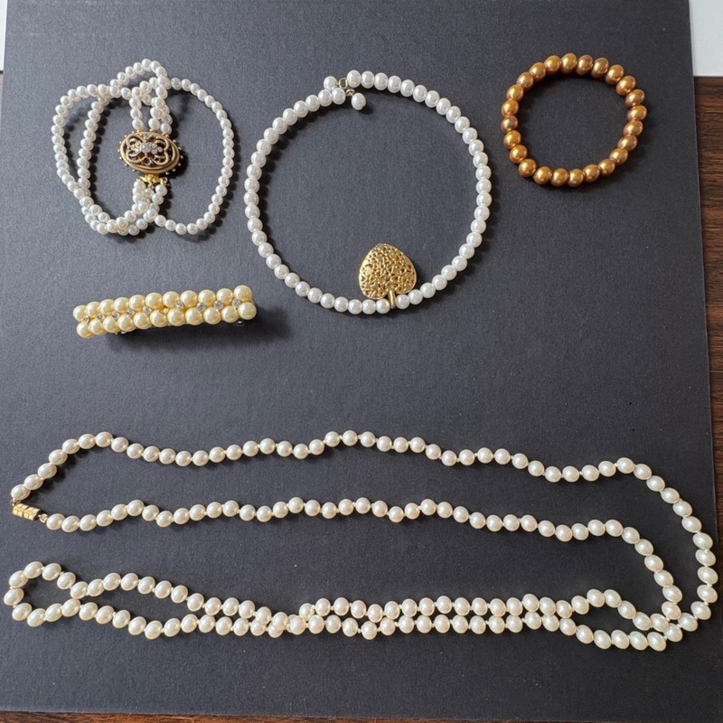 Vintage Faux Pearl Lot Bracelets Necklaces Hair Barrette Long Strand flaws