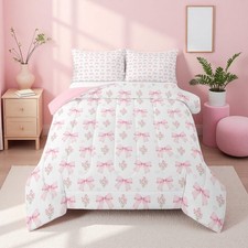 Pink Bow Twin Bedding Set for Girls,Pink Floral Coquette Comforter Set for Dr...