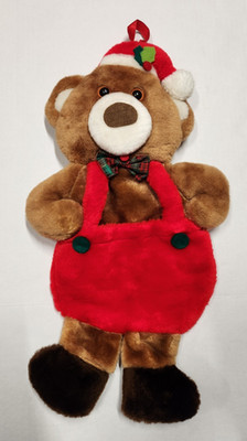 Santa's Best Teddy Bear Christmas Stocking Hanging Pouch Plush 21'' overalls VTG