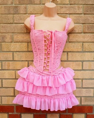 Sorelle uk pink lace lace up boned corset top ruffle tutu skater mini dress 10 S