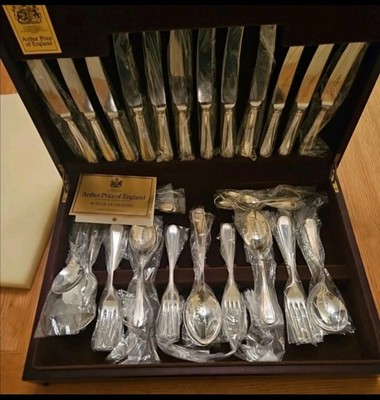 Arthur Price of England 44-teiliges versilbertes Besteckset Vintage Holzkoffer, sehr guter Zustand