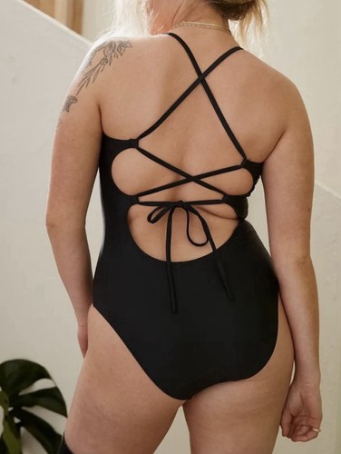 Aerie Strappy Full Coverage One Piece Swimsuit Women's Black Size M Long NWT