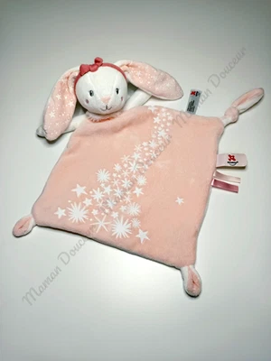 Doudou Plat Lapin Rose Pâle Blanc Étoile Luminescent Nœud Attache Tétine Nicotoy - Photo 1/4