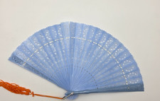 Vintage Foldable Plastic Hand Fan Blue With Tassel
