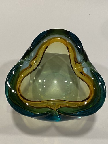 Flavio Poli Seguso Summerso Italian Murano Blown Glass Blue Amber Ashtray Bowl - Picture 5 of 7