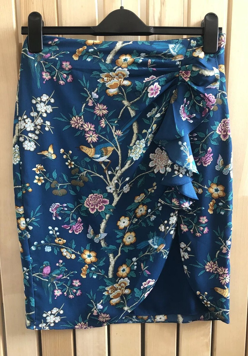 OASIS V&A high waist teal floral bird print pencil skirt Size wiggle 50s  retro