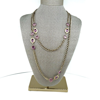 Double-Curb Vintage Gold Tone Long Chain Necklace Pink Crystal Glass Beads 23''