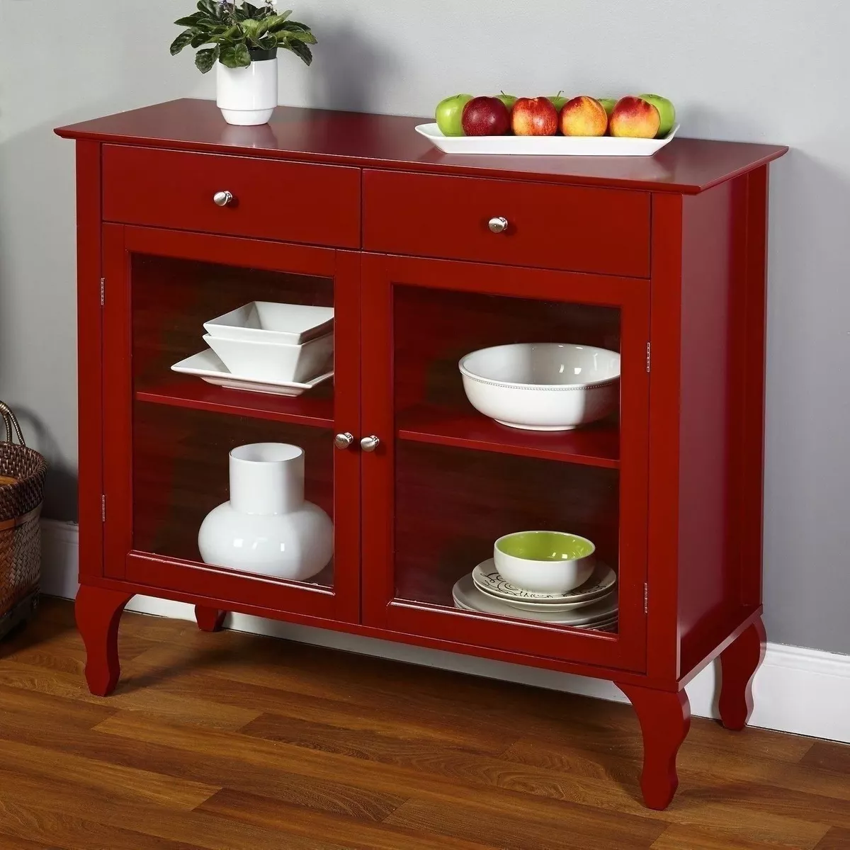 Red Wooden Buffet Server Console Storage Cabinet Curio Display Dining Glass Door