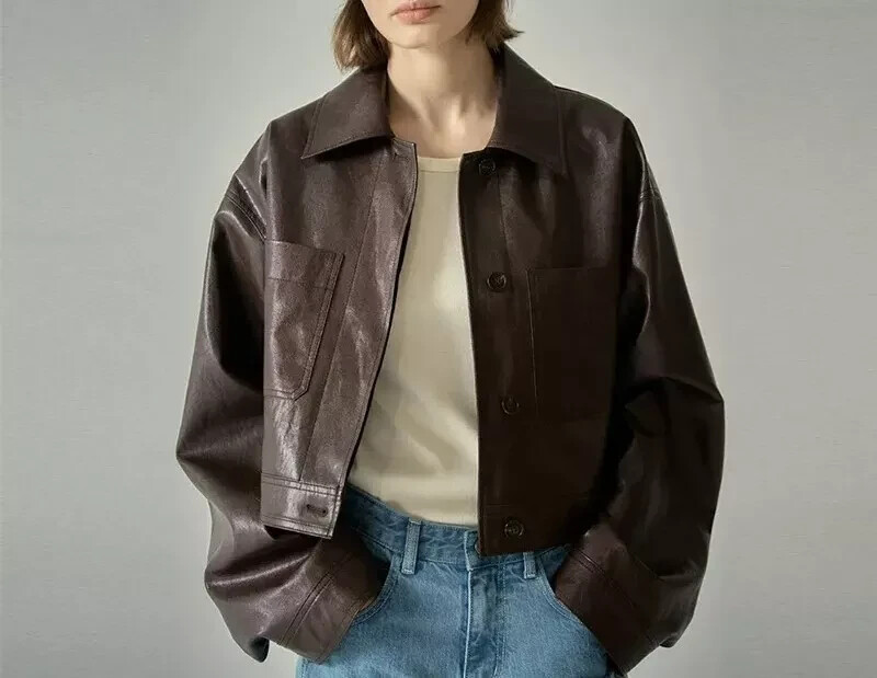 Women's Vintage 90s Black and Brown Crop Leather Jacket Oversized Baggy  Style
