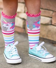 2 Pair Jefferies Socks Girls Rainbow Unicorn Cotton Lace Ruffle Knee High Socks