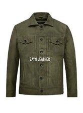 Hombres 100% gamuza pura verde oliva oscuro camionero chaqueta de motociclist...