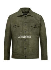 Men 100% Pure Suede Dark Olive Green Trucker Jacket Button up Moto Biker Jacket