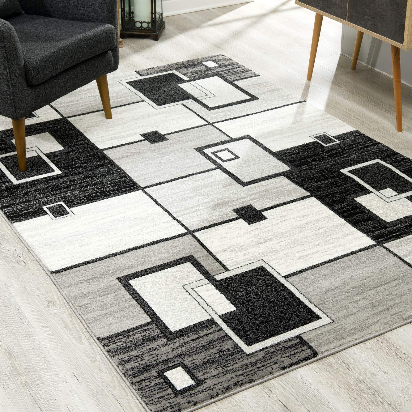 Modern Geometric Checkered Grey Black Rug for Living Room