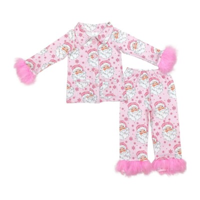 Little Girl Two Pieces Christmas Pink Santa Button Down PJS Outfit With Fur