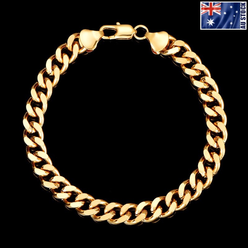 NEW 18K Gold Plated 8MM Classic Curb Chain Solid Link Bracelet Mens & Womens 8"