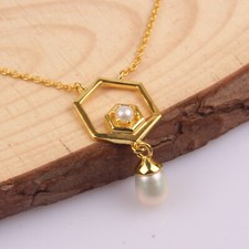 Hexagonal Gold Plated Pear Gemstone 925 Silver Droplet Pendent & Necklace