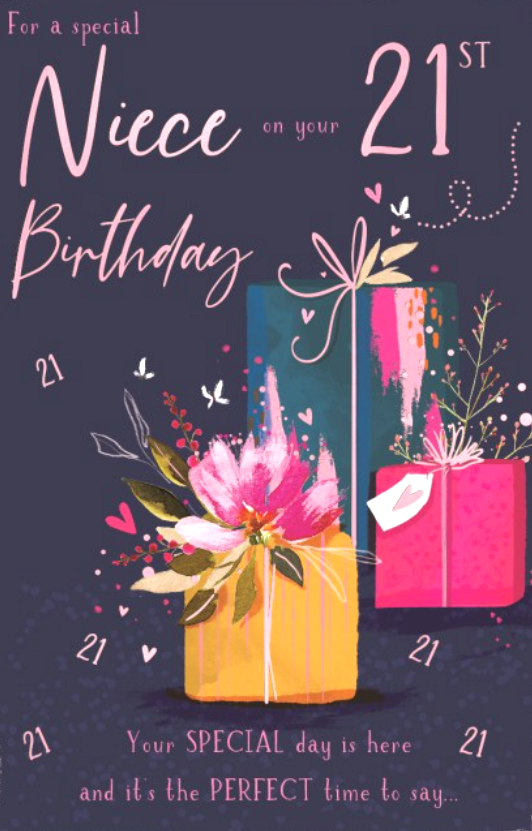 Birthday Card NIECE 21st 21. **Nine Inch Pink-Foiled Card, Paper Pages Inside**