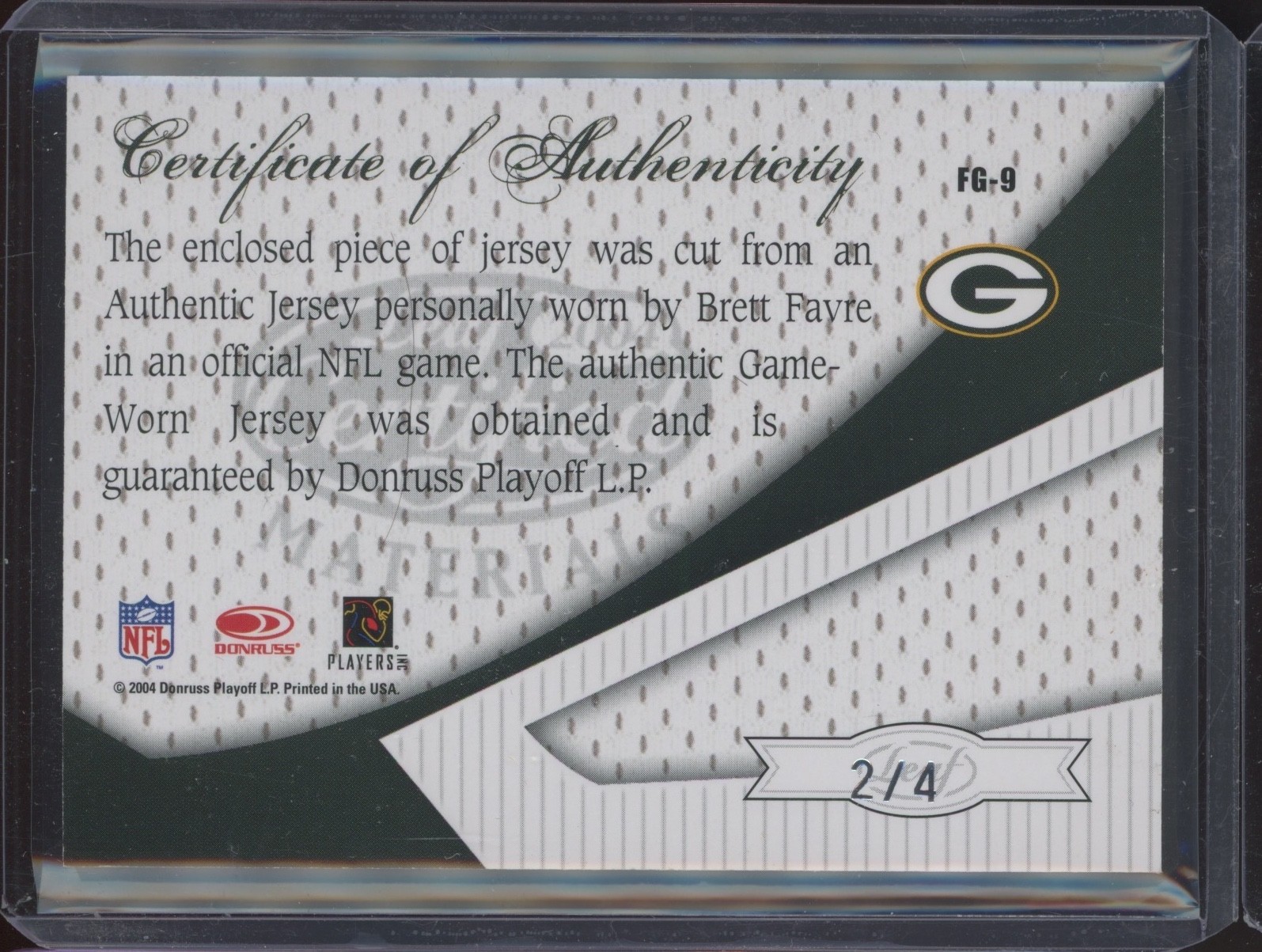 2004 Leaf Certified Fabric Of The Game Brett Favre 2/4 Auto Game Worn Jersey  view 2