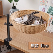 360  Rotating Cat Desk Bed Hand-Woven Height Adjustable Pet Nest w/ Washable Mat