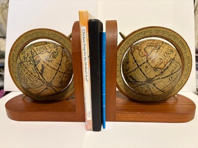 Old World Globe Spinning Sphere Pair of Wooden Bookends,, 1970s