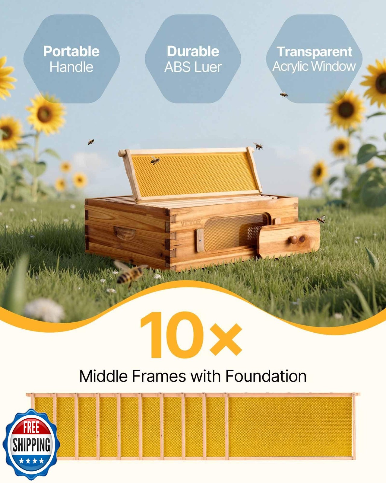 VEVOR 10 Frame Medium Super Bee Hive Box, Bee Box Dipped in 100% 