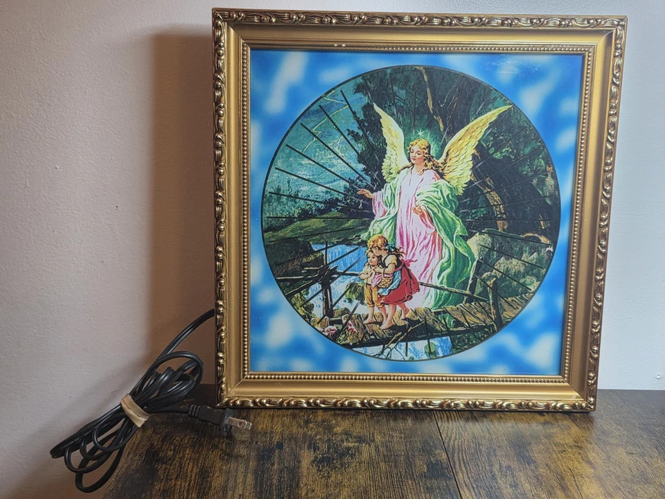 Vintage Motion Lamp Moving Picture Light Wall Display Guardian Angel With Kids - Image 3 of 4
