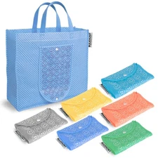 6 Pcs Foldable Shopping Bags Combo Reusable Printed Bag with Handle for Groce...