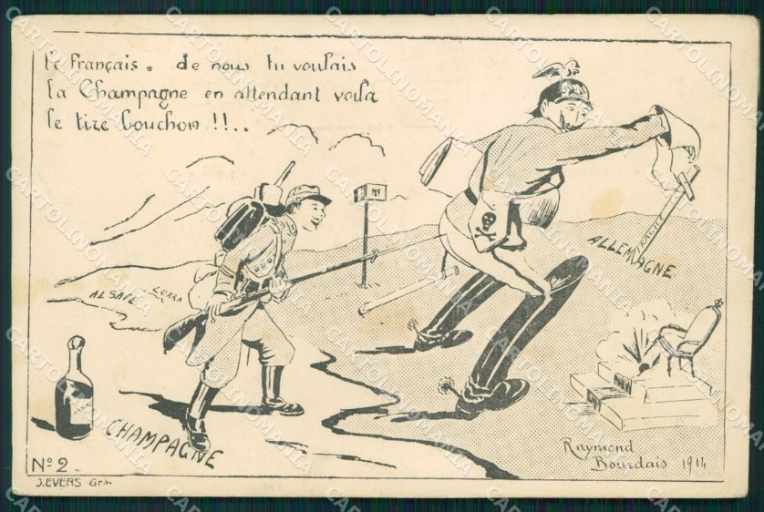 WWI WW1 Propaganda Guerra Patriottica Umorismo Kaiser Wilhelm Champagne cartolina XF3128