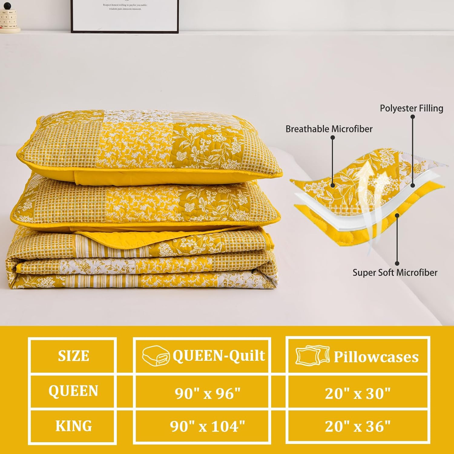 Yellow Boho Quilt Set King Size,3 Pieces Plaid Floral Bedspread Coverlet Set Sum