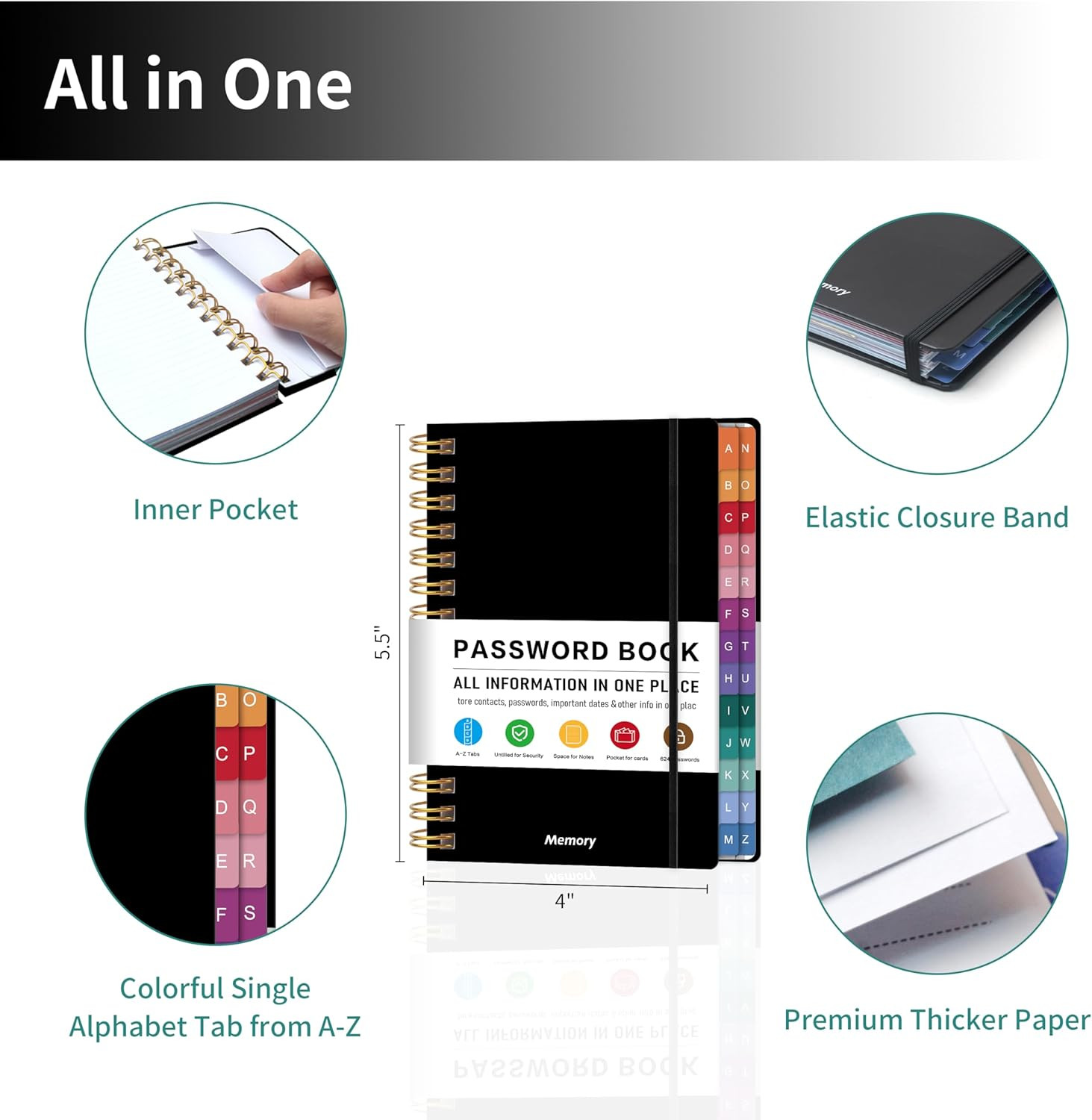 Spiral Password Book with Alphabetical Tabs – 4" X 5.5" Small Password Keeper Bo