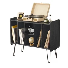 Large Record Player Stand with Vinyl Storage, Black Record Player Table with ...