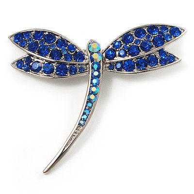 Klassische marineblaue Swarovski Kristall Libellenbrosche (Silberton)