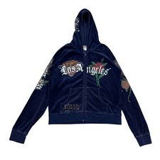 Rare Vintage Ed Hardy Los Angeles Velour Full Zip Hoodie Women's Large Y2K USA