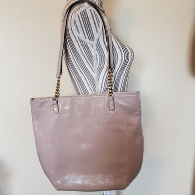 Michael Kors Womens Taupe Patent Leather Chain Tote Bag Mauve Gold Hardware