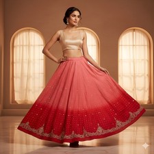 Sanskriti Vintage Pink-Red Long Lehenga Satin Silk Hand Embroidered ZariUnstitch