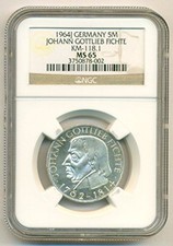 West Germany Silver 1964 J 5 Mark Fichte KM-118.1 MS65 NGC
