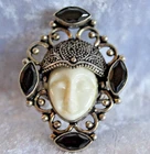 Vintage Style Sterling Silver Carved Goddess Face Ring With Gemstone Accents