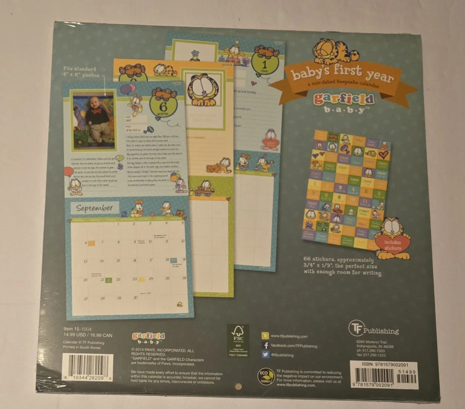 Garfield Calendario de Recuerdo Bebés Primer Año Sin Fecha Baby Shower Regalo Sellado Foto 2 de 2
