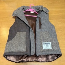 Harris Tweed Herringbone Wool Vest Satin Lining, Detachable Hood Excellent