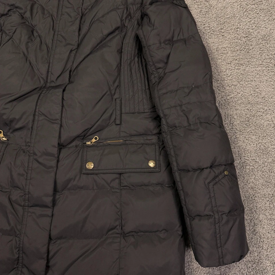 Abrigo Larry Levine para mujer mediano negro plumón capucha acolchada ribete de piel sintética parka larga Foto 4 de 4